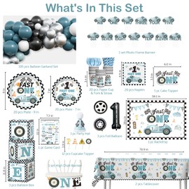 Fexivo 256pcs Fast One Birthday Decorations for Boys, All-in-1 Supplies Pack with 20pcs Vintage Race Car and Car Themed Plates, Napkins, 2pcs Tablecloth for Fast One Birthday Decorations