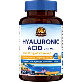 Vitalitown Hyaluronic Acid Supplements 250 mg, Plus 25 mg Vitamin C, Naturally Derived & High Bioavailability, Skin Hydration, 90 Vegan Capsules, 3 Month Supply