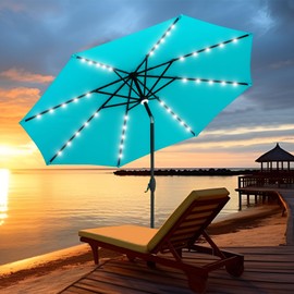 GDY 10Ft Patio Umbrella, Table Umbrella with 40 LED Lights, Outdoor Umbrellas for Patio, with Tilt and Crank, Center Light, for Garden, Deck, Backyard, Pool, and Beach, (Blue).