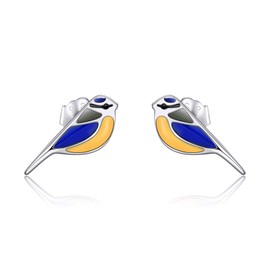 Blue Tit Bird Earrings 925 Sterling Silver Blue Bird Stud Earrings with Hand-Painted Enamel Blue Tit Bird Jewellery Gifts for Women Mum Girls Bird Lovers, Sterling Silver