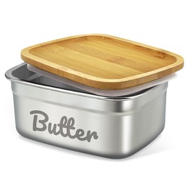 Butter Dish with Lid for Countertop, Stainless Steel Butter Holder Container, Bamboo Cover, Airtight Butter Keeper for Refrigerator, Easily fits 2 Sticks of East West Coast Butter(Large)