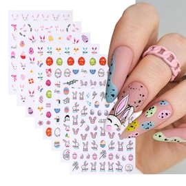 8 Sheets Easter Nail Stickers Cute Bunny Nail Art Decals 3D Self-Adhesive Easter Eggs Rabbit Carrots Nail Designs Bunny Ears Nail Stickers for Women Kids DIY Nail Decoration Nail Supplies Accessories