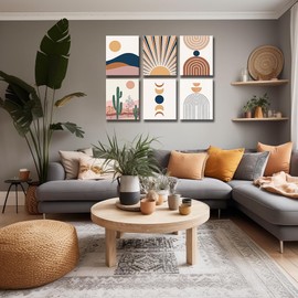 Framed Painting Boho Wall Decor - Minimalist Mid Century Abstract Line Cactus Artwork Bohemian Print Poster Sun and Moon Pictures for Home Office Living Room Bedroom Decoration 8x10inch Ready To Hang