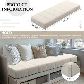 Wenqik Bench Cushion 40x20x4 Inch for Indoor Furniture Velvet Kitchen Dining Bay Window Seat Cushion Waterproof Tufted Thicken Bench Pad Anti Cat Scratch Non Slip for Outdoor Patio Porch Swing, Beige