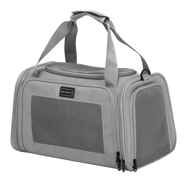 PETSFIT Cat Carrier, Pet Carrier Airline Approved, Soft Carrier for Small and Medium Cats Under 12 Lbs, Soft Cat Travel Carrier, Kitten Carrier with Extendable Mat, Grey