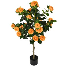 DWVO 4FT Artificial Orange Camellia Tree with 30 LED Lights, Faux Blooming Plant for Home Office Outdoor Decoration, Greenery Potted Christmas Decor