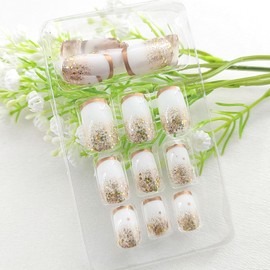 Fall Press on Nails Gold French Tip Fake Nails Square Medium Nail Press ons Glossy Acrylic with Glitter Sequins Designs Autumn Stick on Nails Full Cover Glue on Nails for Girls 24Pcs