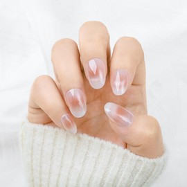 Sethaxy 24 Pieces French Nail Tips, Short False Nails, Cute, Rhinestone False Nails, 3D Relief, Magnetic 3D Nails, Fashion, Almond Tip, Flash Drill, Ribbon, Press On Nail (Pink 1)