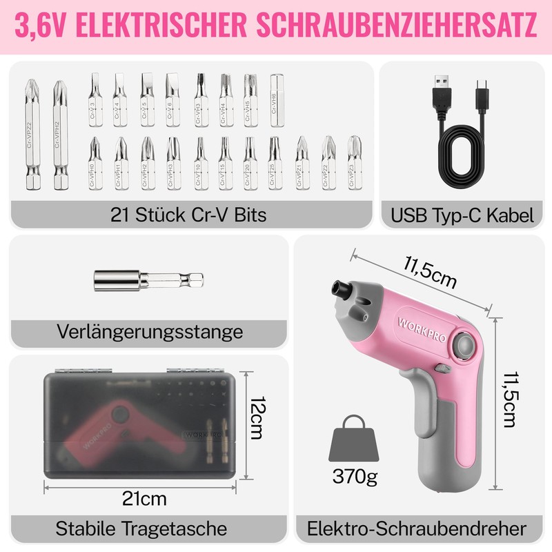 WORKPRO 3.6 V Pink Cordless Screwdriver Set (EU PKG)