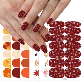 6PCS Retro Fall Leaf Nail Polish Stickers Full Nail Wraps Autumn Maple Leaves Solid Color Self Adhesive Nail Design Nail Decals Fall Nail Strips Sticker for Women Thanksgiving DIY Nail Decoration