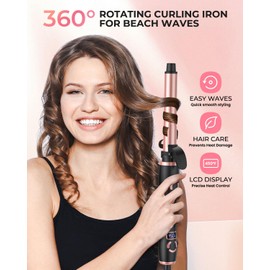 Rotating Curling Iron 1 Inch, Ceramic Automatic Curling Wand for Beach Waves, Self Curling Wand LCD Display up to 450℉ with Long Barrel, Glove Included