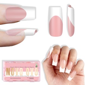 NOVO OVO White French Tip Square Nail Tips, Press on Baby Pink, Extra Thick Square Nail Tips, Artificial Acrylic Nail Extensions, Requires Builder Gel Top Coat for DIY, 15 Sizes x 240 Pieces