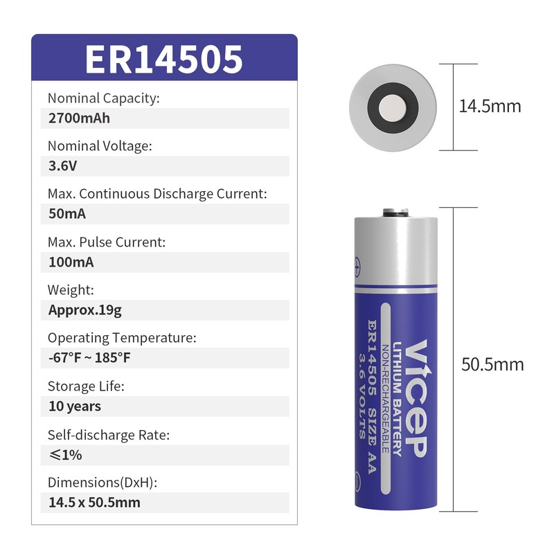 ViCep 6-Pack ER14505 AA 3.6V Lithium Battery Li-SOCL₂ 2700mAh LS14500