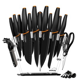 Amorston Knife Set, Kitchen Knife Blcok Set with Built in Knife Sharpener Block, Dishwasher Safe, German Stainless Steel, Black