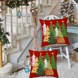 Miaikoe Christmas Cushion Covers 55x55 cm Set of 2 Christmas Tree Red Decorative Pillow Covers Winter Holiday Cushion Cases Decor for Home Couch Sofa