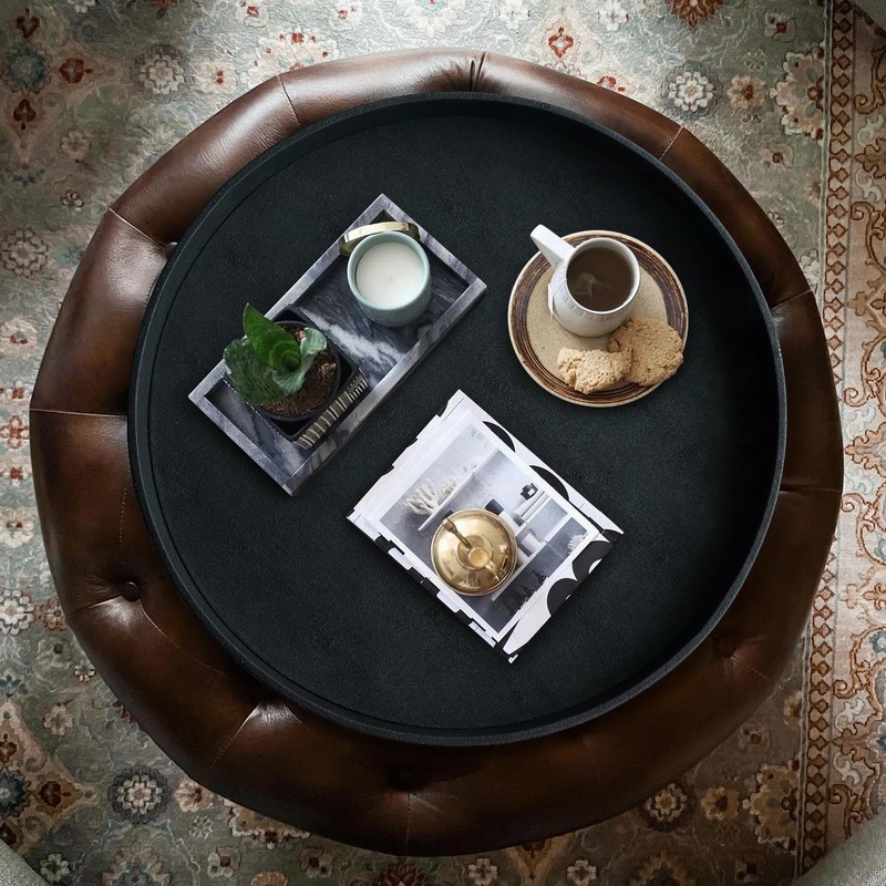 HofferRuffer Large Round Serving Tray 24'', Elegant Faux Leather Circle