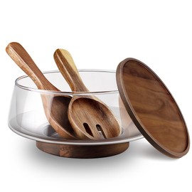 Large Glass Salad Bowls Set with Acacia Wood Base and Lid and Salad Serving Utensils, Elegant and Practical Salad Bowls for Kitchen Essentials Party