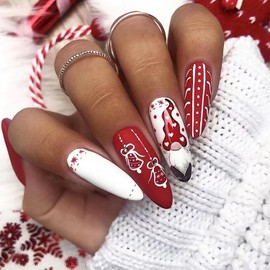 Christmas Oval Press on Nails Medium Length, Artificial Fake Nails with Xmas Santa Claus Bell Designs, Acrylic False Nails for Winter Holiday, False Fingernails Glue Nails for Women
