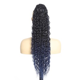 BALINGHAIR Deep Wave Ponytail Extension for Women 12 Inch Black to Dark Blue Curly Wavy Ponytail Hair Extensions Drawstring with Clips Short Synthetic Hairpiece for Daily and Party