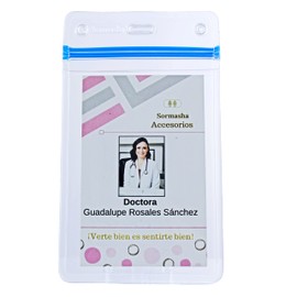 Sormasha Porta Gafete o Credencial, PVC Alta Transparencia Calibre S30 Mod. SOPV-9190, Cremallera Azul. 12 Piezas
