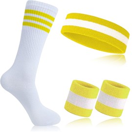 Proxima Direct Sweatbands Set, Including 1 Sports Headband +2 Wrist Sweatbands +1 Striped Sock for Women Men Girls Boys,Sports Sweatband for Gym Workout Yoga Soccer Boxing Tennis (Yellow+White+Yellow)
