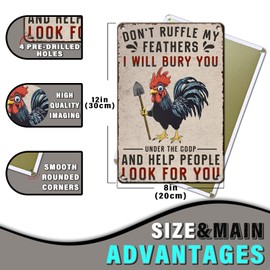 PEACHGARDEN Chicken Tin Sign Don't Ruffle My Feathers I Will Bury You Funny Metal Sign for Farm Chicken Coop Farmhouse Kicthen Vintage Wall Decor 8X12inch