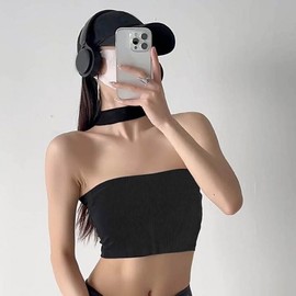Women's Ribbed Halter Neck Tank Top for Yoga and Pole Dance Workout Black/FREE(55-66)