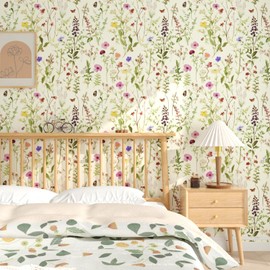 Yellow/Green Floral Wallpaper Peel and Stick, Colorful Flowers Vintage Contact Paper, Wild Plants Botanical Wall Paper Self Adhesive Removable for Bedroom Bathroom Shelve Cabinet Drawer 17.5" x 393.7"