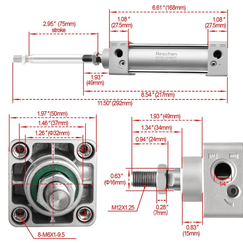 Heschen Pneumatic Standard Cylinder, SC 40-75, PT1/4'' Port, 40mm Bore,