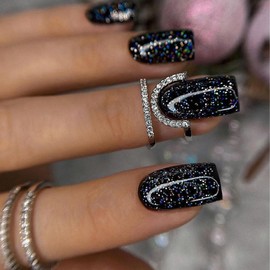 24 pcs Bling Coffin Fake Nails Medium, Simple Design French Tip Press on Nails, Cool Black Stick on Nails for Women and Girls, Acrylic Medium Glue on Nails for Nail Art