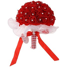 Taotenish Wedding Bonquet Artificial Rose Silk Bouquet Bridal Holding Flower Bridesmaid Decor Romantic Wedding Supplies Lace Hand Bunch - Red