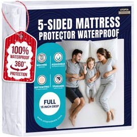 Utopia Bedding Waterproof 5-Sided Mattress Protector Full Size, Premium Breathable Mattress Cover, Fitted Style with Stretchable Pockets (White)