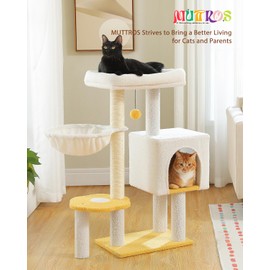 MUTTROS Cute Cat Tree - 35.4" Cloud Cat Tower Cat Condo for Indoor Cats w/Large Top Bed, Comfy Hammock for Kittens, Flower Platform, Cat Scratching Post, and Dangling Ball, White