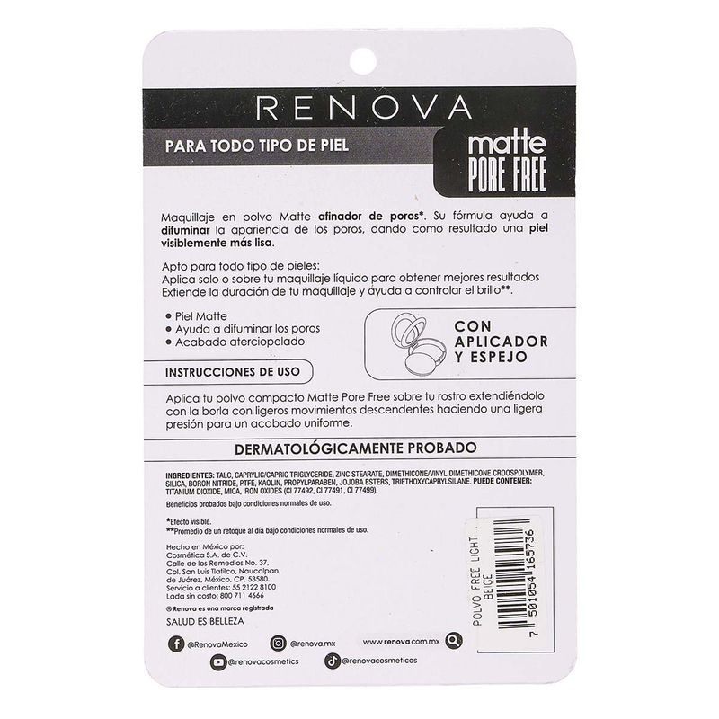 Maquillaje en Polvo Renova Matte Pore Free Beige Claro