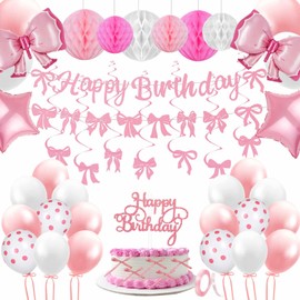 Pink Bow Party Decorations, 47 Pcs Coquette Birthday Party Decorations, Pre-Strung Happy Birthday Banner Bow Garland for Girls Birthday Baby Shower Bridal Shower Bachelorette Party Deco