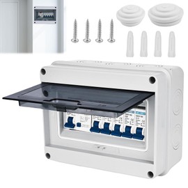 SPORWAY 4-Way Consumer Unit Circuit Breaker: Complete Kit IP65 Leakage Circuit Breaker, High-Performance Waterproof Garage Consumer Unit for Workshops Caravans Garages (White, 295×256×133mm)
