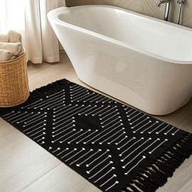 Tritard Boho Kitchen Runner Rug 2x4.3 Thin Woven Cotton Hallway Rugs with Tassels Washable Moroccan Carpet Farmhouse Bathroom Area Rug Front Porch Bath Mat for Entryway, Laundry, Doorway, Black White
