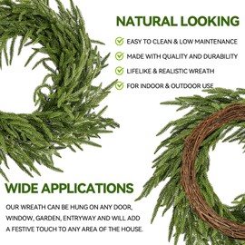 ENVEN 24" Norfolk Pine Wreath for Front Door, Real Touch Norfolk Pine Wreath Artificial Green Wreath Greenery Realistic Wreath Holiday Decoration for Home Decor