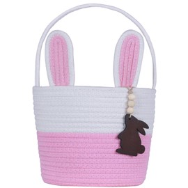 K-MLICE Easter Basket, Empty Easter Baskets Essentials for Kids Boys Girls with Bunny Tag Egg Basket Eater Gifts Basket Toddler Teens Babys First Easter Basket with Handle Pink White