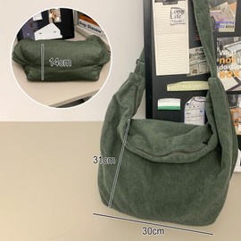 BOZIEE Unisex Corduroy Bag Shoulder Bag Large Women's Shopper Bag Trapeze Fashion Fabric Bag Tote Bag for Everyday / Office / School / Travel, Green