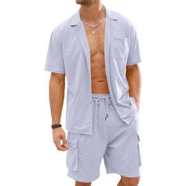 Fastkoala Mens Short Sets Tracksuits Suits Sweatsuits Full Open Button Lapel Shirt & Overalls Shorts Activewear 2 Pcs Grey XXL