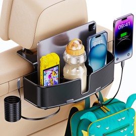 Car Headrest Cup Holder for Back Seat Organizer for Type-c/Lightning Retractable Charging Cables Multi- Hanging Snack Storage Box with Strong Hooks for Kids and Fast Charging for Travel Accessories