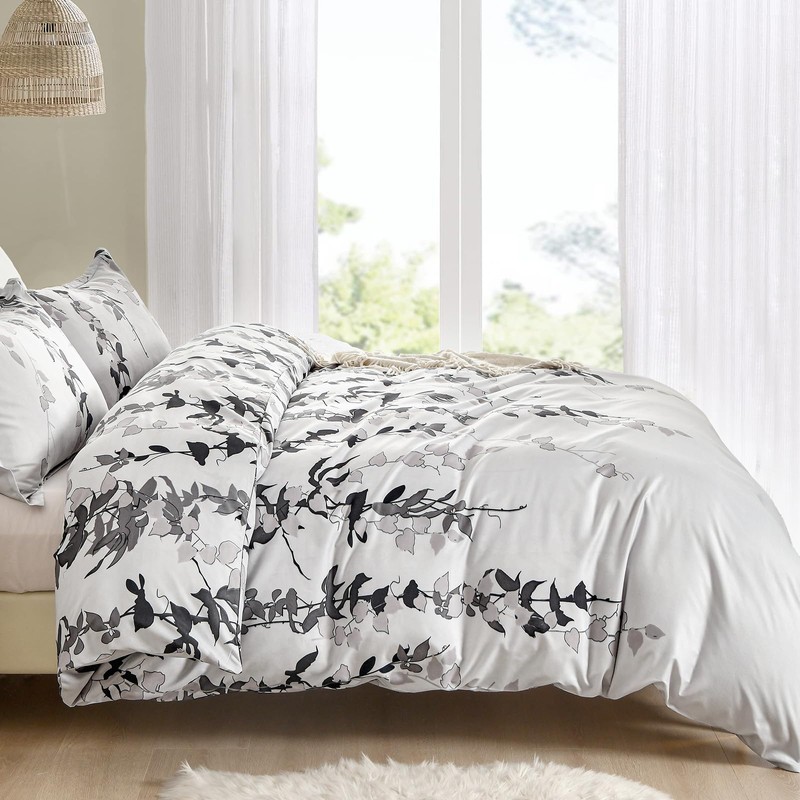 Double Duvet Set Botanical Grey Bedding Set Polyester Breathable Stylish