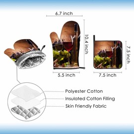 Samgula Red White Wine Oven Mitts and Pot Holders Sets Glass Goblet French Elegant Retro Heat Resistant 3pcs for Cooking Baking BBQ