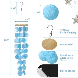 Capiz Shell Wind Chime for Outside 28” Sea Glass Wind Chime Ocean/Beach Themed Chime Gift for Women Mother’s Day Decoration Blue