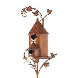 Metal Bird House with Pole, Copper Cottage Bird House Stakes, Large Bird Houses for Courtyard Backyard Patio Outdoor Garden Decor, Resting Place for Birds, Hummingbird House (B)