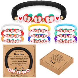 10 Set Teacher Appreciation Bracelet Gifts Bulk Charm Teacher Bracelet Stackable Clay Beaded Bracelets with Message Card Thank You Journal Present 100 Days of School Present