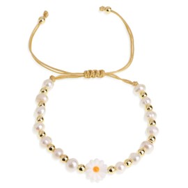 Frigotine Daisy Flower Pearl Bead Bracelets for Woman, Cute Sunflower Gold Beaded Bracelet Adjustable Summer Beach Jewelry Gifts