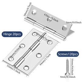 Door Hinge Hinges, Pack of 20 Stainless Steel Hinges, 44 mm Hinges Stainless Steel Door Hinges with 120 Screws