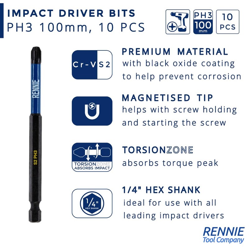 10 x Rennie Tools 100mm Long PH3 Impact Screwdriver Driver